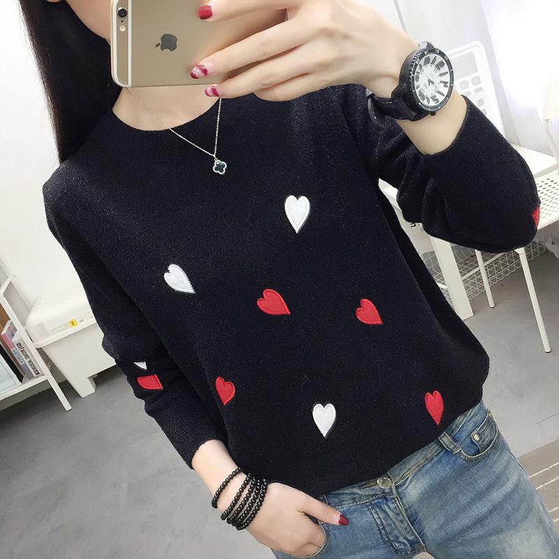 Pofulove Women Knitted Turtleneck Sweater Solid  Embroidered Heart Streetwear Pullovers  Female Tops
