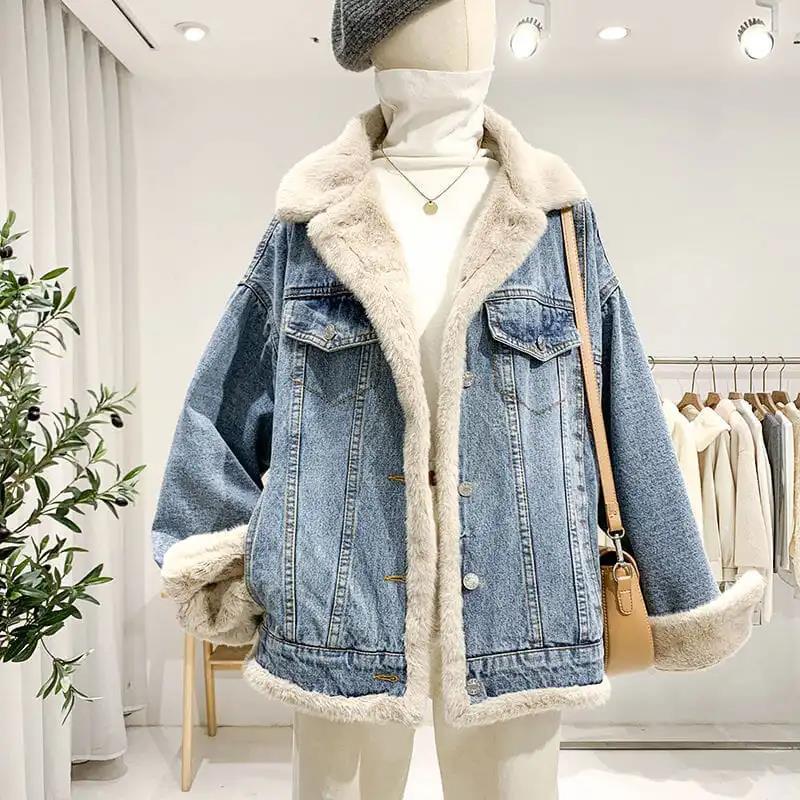 Loose and Versatile Furry Jacket Women Casual Single-breasted Two-sided Denim Jacket Ladies Warm Jacket Plus Fleece Denim Jacket