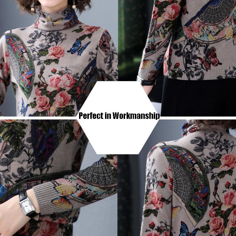 Vintage Rhinestone Printed Wollen Sweater Women's Plus Size High-neck Cashmere Sweater Female Soft Warm Knit Jumper
