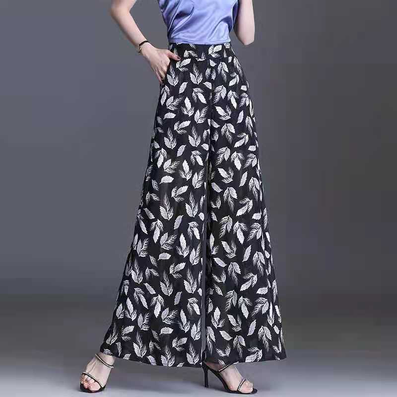 Flower Print Wide-leg Pants Women's Summer Large Size High Waist Loose Drape Thin Trousers Elastic Waist Skirt Pants