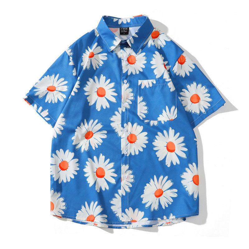 Summer Color Ink Bear Print Short-sleeved Shirt Loose-fitting Couple Shirt