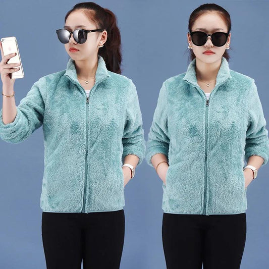 Polar Fleece Jacket Women's Short Autumn Winter Coral Fleece All-match Cardigan Top Thickened Stand Collar Double-sided Fleece Jacket