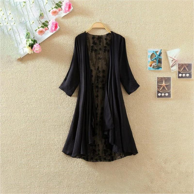 Women's Cotton and Linen Lace Sun Protection Thin Cardigan Beach Mid-length Plus Size Shawl Loose Top