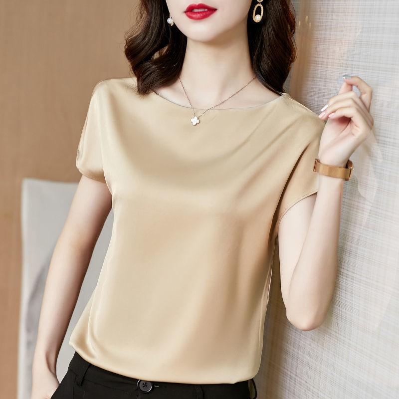 Women Satin Blouse High-end Fashion Short Sleeve Silky Temperament T Shirt Casual Tops