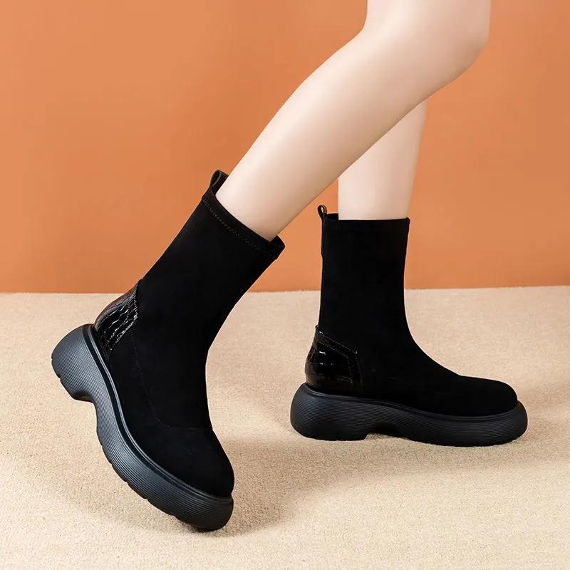 Black Boots Woman Autumn and Winter Velvet Elastic Boots Korean Version of Wild Short Boots Increased Thick-soled Boots Martin Plush Boots