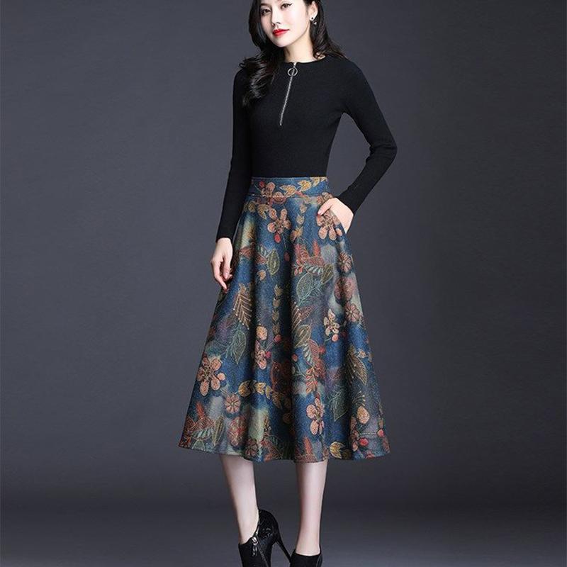 Printed Woolen Skirt Women's Mid-length Autumn and Winter Temperament Was Thin A-line Big Umbrella Skirt