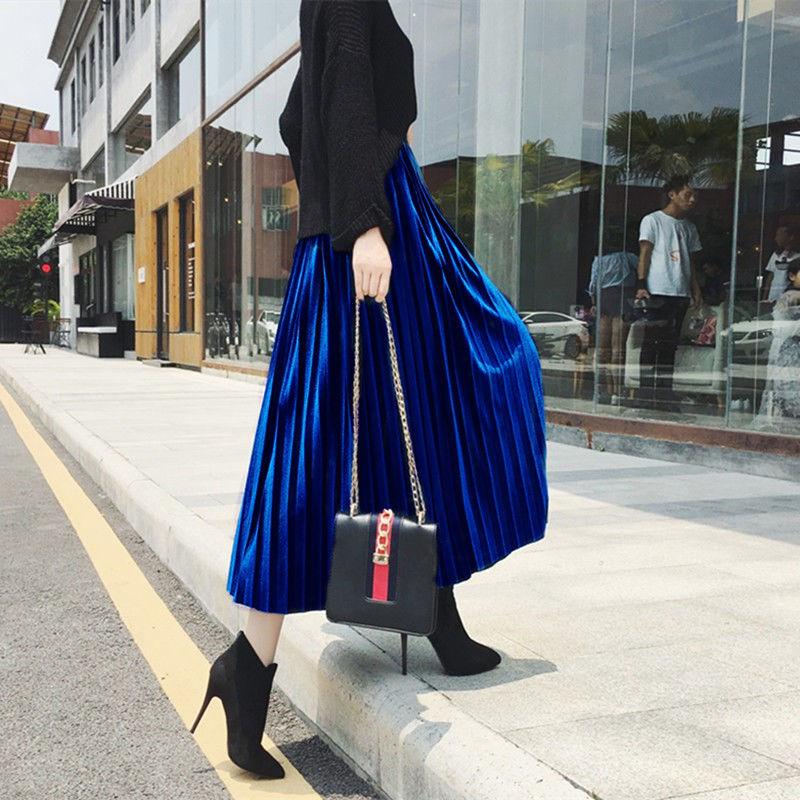 Velvet Pleated Skirt Women's High-waisted Skirts Mid-length Thin Long Skirts Temperament A-line Skirts Elastic Waist
