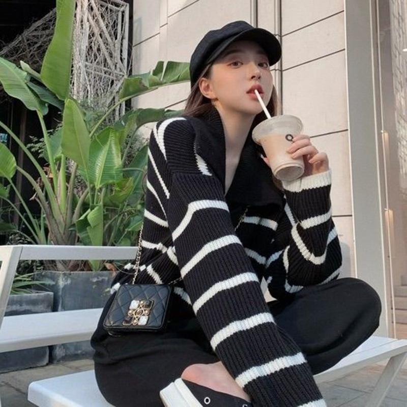 Fall Lapel Collar Contrasting Striped Knit Cardigan Women's Loose Casual Fashion Long Sleeve V-neck Jacket