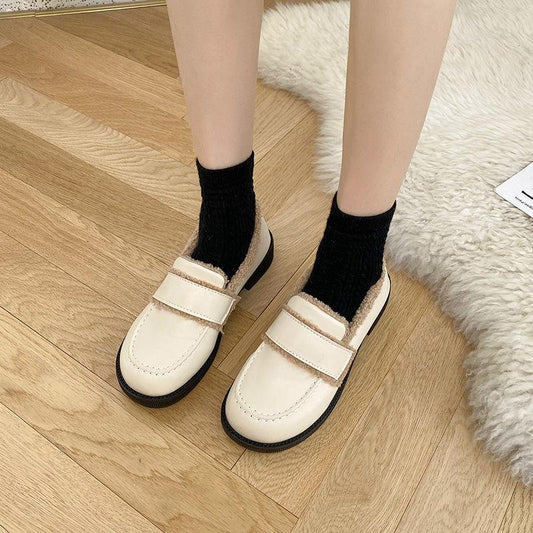 Women's Leather Shoes for Winter Warm and Comfortable Plus Velvet All-match Flat Shoes