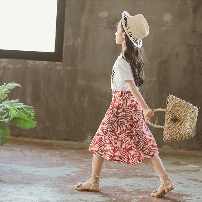 Girls' Summer Fashionable Suits Big Kids Children's Clothes Western Style Wide-leg Pants Printed Two-piece Suit