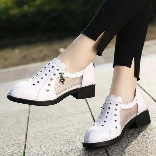 Women's Shoes Thick Heels Mid-heel Hollow Single Shoes Mesh Leather Shoes Summer Soft-soled Work Shoes Sandals
