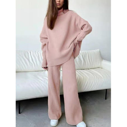 2PCS Long Sleeve Sweater Wide Leg Pants Trousers Loose Turtleneck Knit Sweater Casual Two Piece Sweater Set Solid Color Sweat Suits For Women