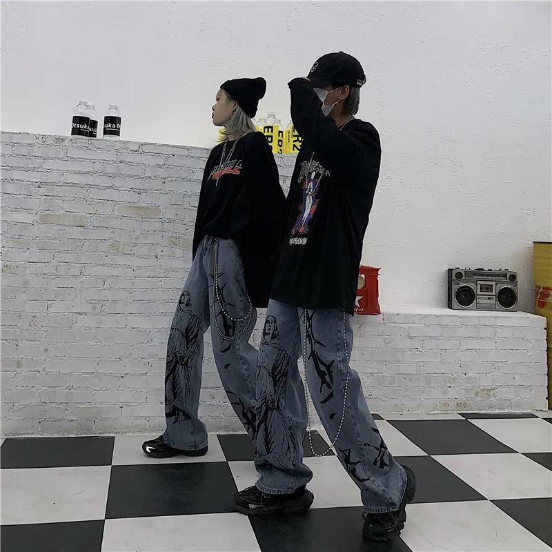 Jeans Men and Women Harajuku Style Street Hip-hop Trousers Printed Retro Washed Loose Wide-leg Daddy Pants Trend