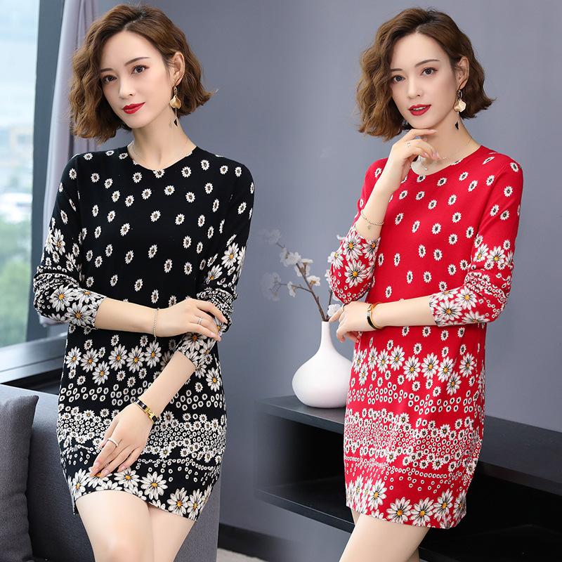 Floral Print Sweater Dress Women Autumn Winter  Knitted Pullover O-Neck Long Sleeve Long Knit Dress