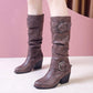 Leather Buckle High-heel Knee-High Boots Women's Leather High Boots Thick-heeled Knight Boots Plus Size 35-43 Cowboy Boots