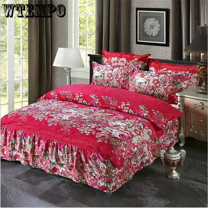 Bedding Set Queen Size Cotton Wedding Bed Dust Ruffle Bed Skirt Flower Plants King Doub