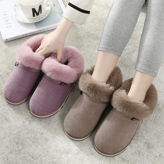 Cotton Slippers Female Bag with Thick Soft Bottom Non-slip Winter Home Warm Cotton Lace Heel Plush Shoes