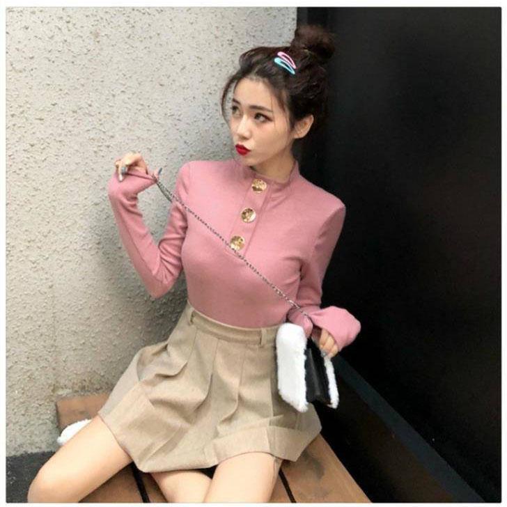 Women's Slim Was Thin Sweater Button Design Autumn and Winter Wild Bottoming Sweater