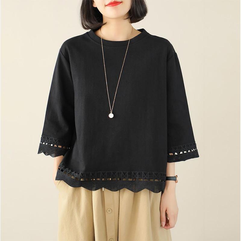 Cotton T-shirt Women's Round Neck Versatile Floral Hollow Out Thin Large Size Loose Three-quarter Sleeve Bottoming Shirt