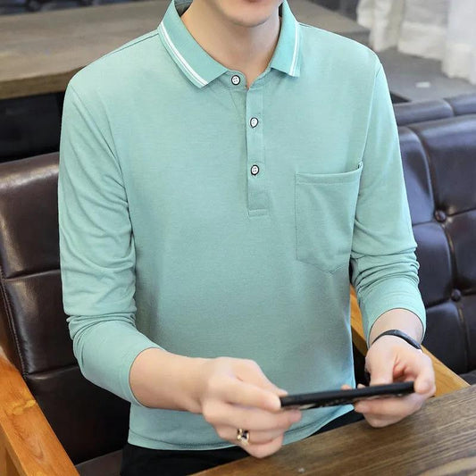 Men's Long Sleeve T-Shirt Lapel Cotton POLO Shirt High Quality Casual Youth Solid Color Top Business Sports Shirt