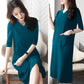 Ladies Dress Solid Color Five-quarter Sleeves Spring and Summer V-neck Large Pockets Pure Cotton Sweat-absorbing Soft and Comfortable