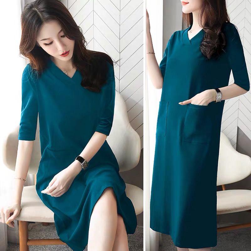 Ladies Dress Solid Color Five-quarter Sleeves Spring and Summer V-neck Large Pockets Pure Cotton Sweat-absorbing Soft and Comfortable