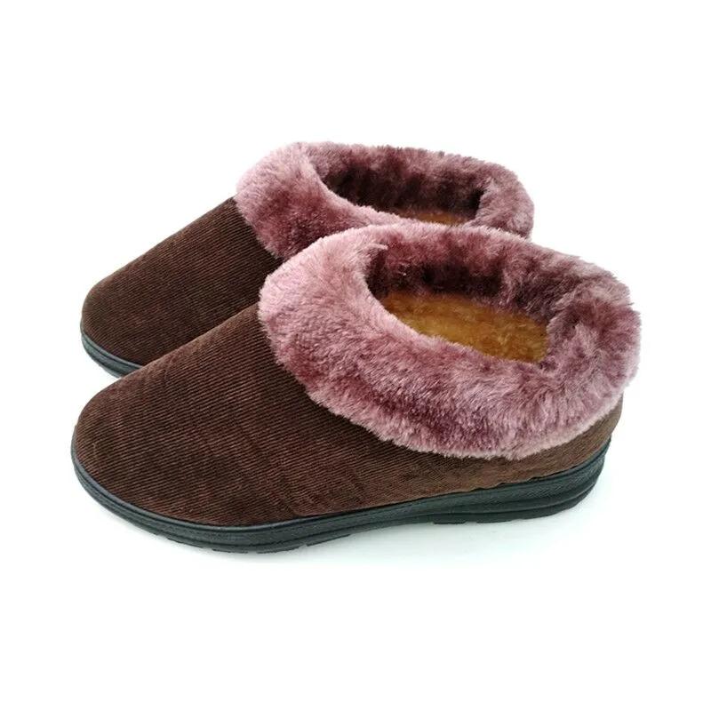 Women's Plus Velvet Warm Non-slip Cotton Shoes Home Shoes Slippers Mother Shoes Corduroy Cotton Shoes Flat-bottomed Soft Shoes for The Elderly