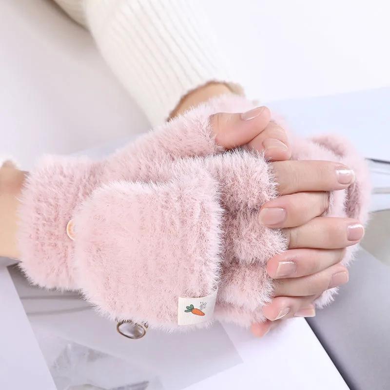 Plush Gloves Female Autumn and Winter Leaky Finger Warm Gloves Thick Clamshell Imitation Mink Nylon Half-finger Gloves