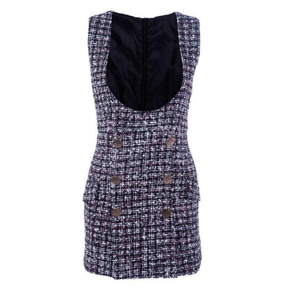 WTEMPO British Style Plaid Tweed Women Mini Dress Winter Sleevesless Double Button Elegant Ladies
