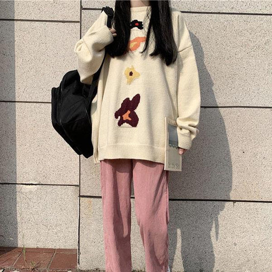 Autumn and Winter College Style Thinner Round Neck Embroidery Sweater Female Student Loose Mid-length Sweater Coat