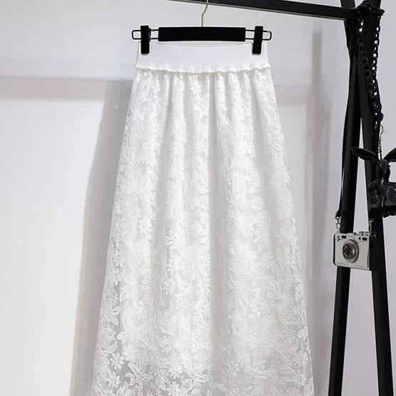 Women Spring Summer Skirt Gauze Pleated Mid-length High Waist Slim Solid Color Hook Flower Hollow Lace A-line Skirt
