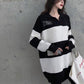 Spring Fashion Simple Sweater Striped Pattern Warm Jacket Mid-length Loose Young Women's Top