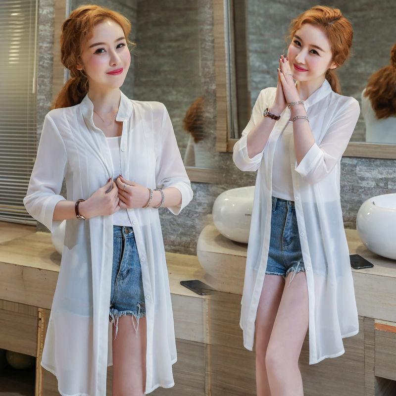 Sun Protection Clothing Women's Mid-length Beach Summer Chiffon Cardigan Shawl Air-conditioning Shirt Thin Coat