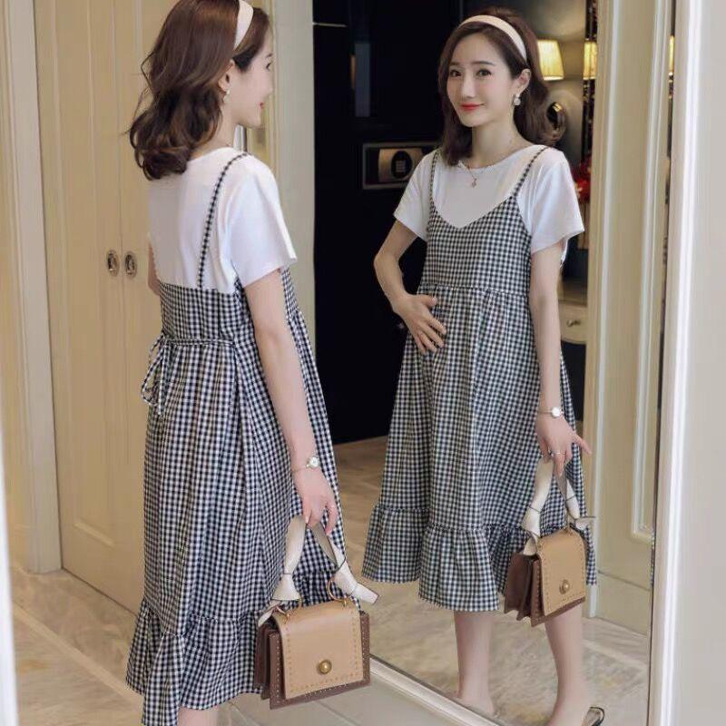 Maternity Clothes Short Sleeve Dress Mid-length Black Lace Loose Plus Size Mesh Round Neck Splicing Ruffle Skirt