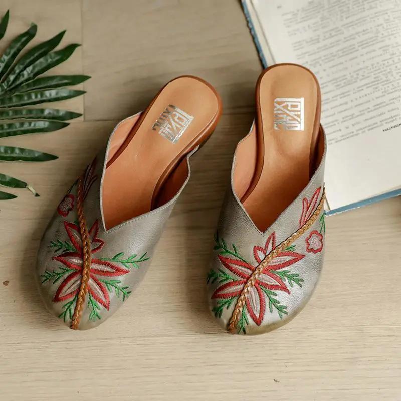 Leather Embroidered Flower Baotou Sandals Middle Heel Leather Retro Outer Wear Half Slippers Summer