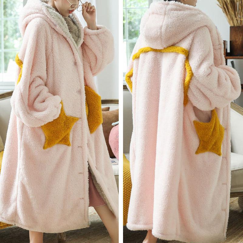 Autumn and Winter Coral Fleece Star Long Sleeping Blanket Can Be Worn Outside Flannel Plus Size Nightgown Home Bed Clothing