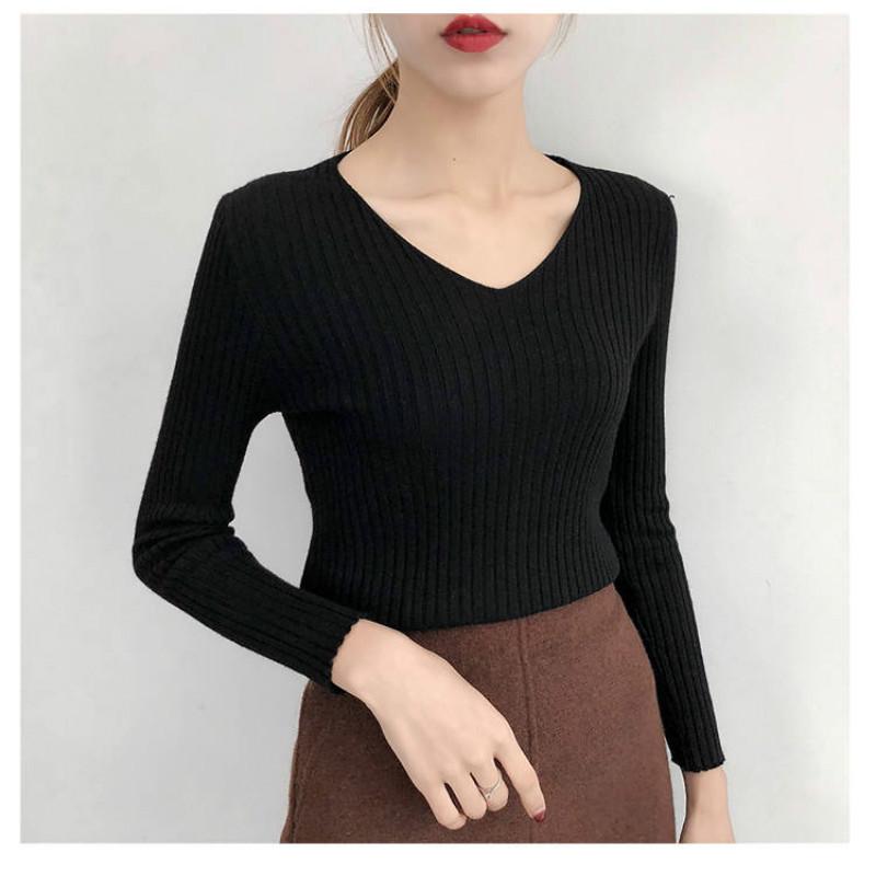 Autumn Winter V-neck Bottoming Shirt Sweater Women's Slim Was Thin Wild Pullover Sweater