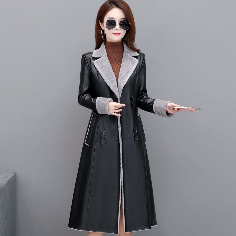 Leather Trench Coat Winter Long Sheepskin Coat Women Plus Velvet Thick Warm Leather Coat Black Overcoat with Faux Fur Inside