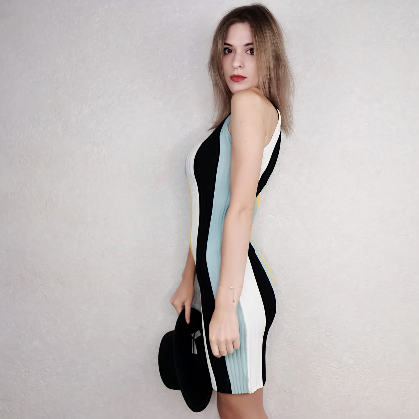 Women's Round Neck Sleeveless Halter Neck Dress Striped Knitted Dress Elastic Slim Bodycon Dress for Party