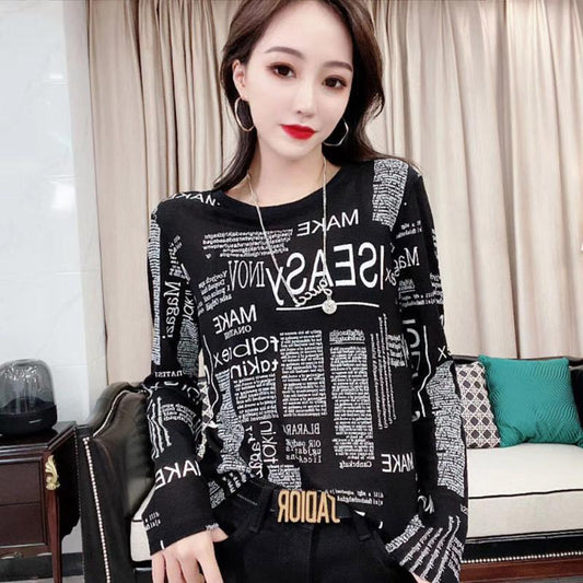 Girls' Top Clothing Fashion Printing Long-sleeved T-shirt All-match Round Neck Slim Bottoming Shirt