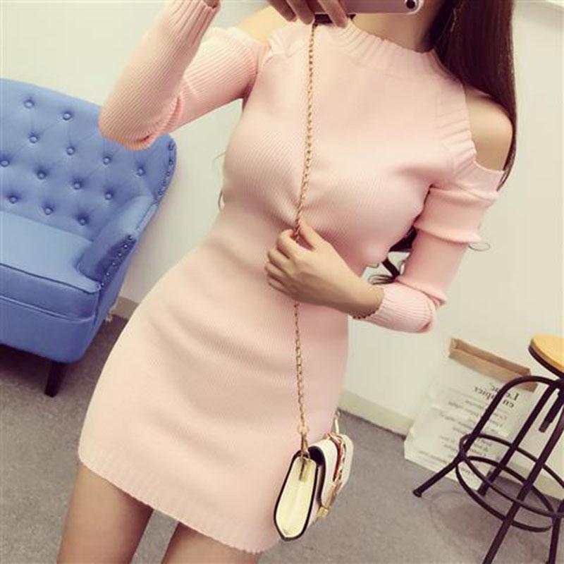 Spring Autumn Women's Knitted Pullover Sweater Sexy  Off-shoulder Long Sleeve Knit Dress Women's Mid-length Bag Hip Base Bodycon Sweater Dress