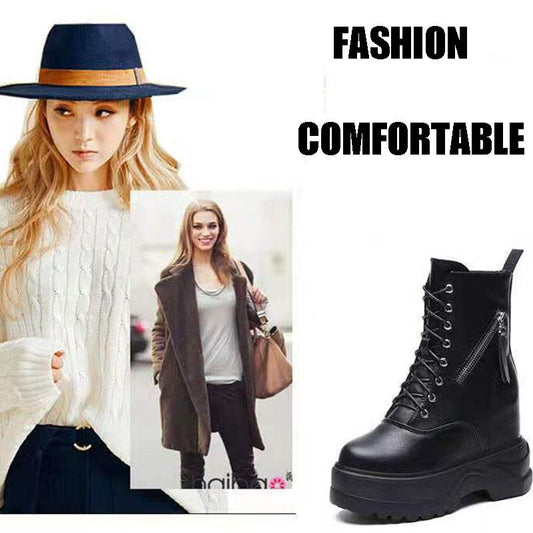 Woman Leather Ankle Boots  Platform Boots Women Wedge Shoes Autumn Winter  Round Toe Lace-up  Inside Raised Martin Boots Ladies Shoes