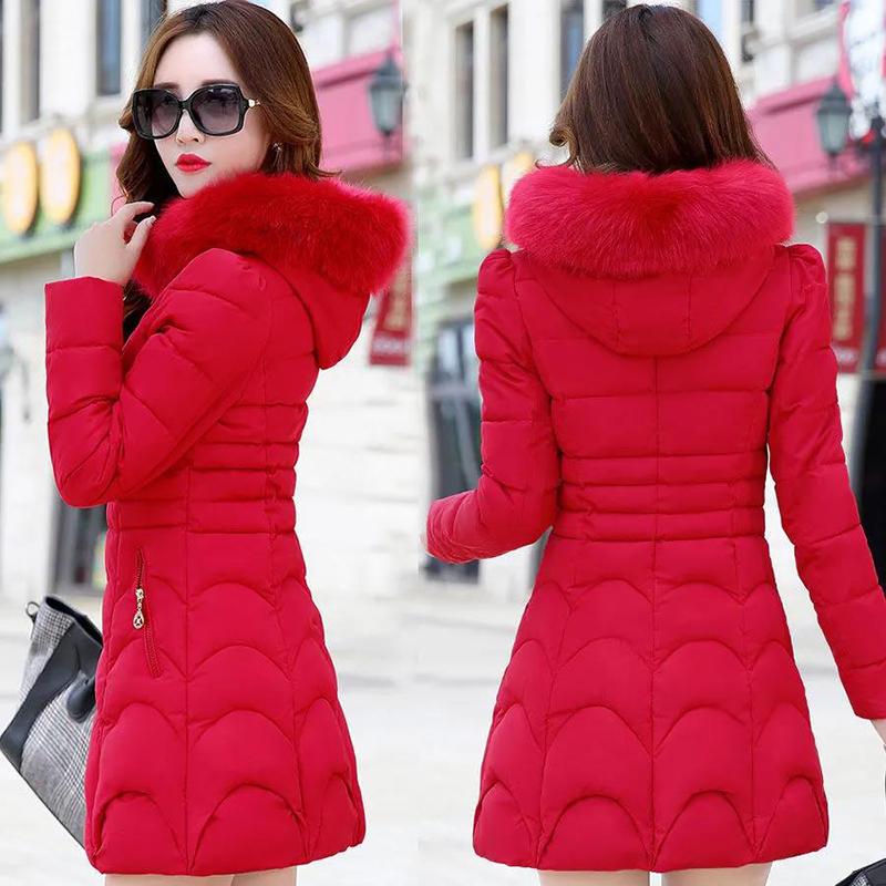 Women's Solid Color Embroidered Down Jacket Mid-length Korean Style Loose Thick Coat Warm Cotton Coat Large Fur Collar Winter Quilted Jacket