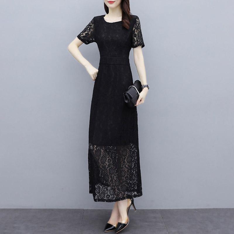 Korean Version Black High-end Lace Dress Female Spring Summer Short Sleeve Round Neck Long Dress