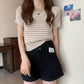Thin Striped Ice Silk T-Shirt Women Summer Slim Short Knitted High Waist Top Short Sleeve
