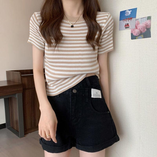 Thin Striped Ice Silk T-Shirt Women Summer Slim Short Knitted High Waist Top Short Sleeve