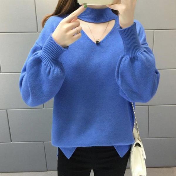 Autumn and Winter Loose Short Sweater Women's Half High Neck Lantern Sleeve Knit Sweater Solid Color Comfortable Bottoming Shirt Outer Wear