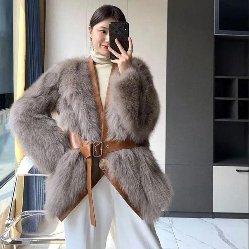 Fur Coat Winter Ladies Retro Fashion V-neck Waist Thickened Warm Mid-length Fur All-in-one Plush Jacket