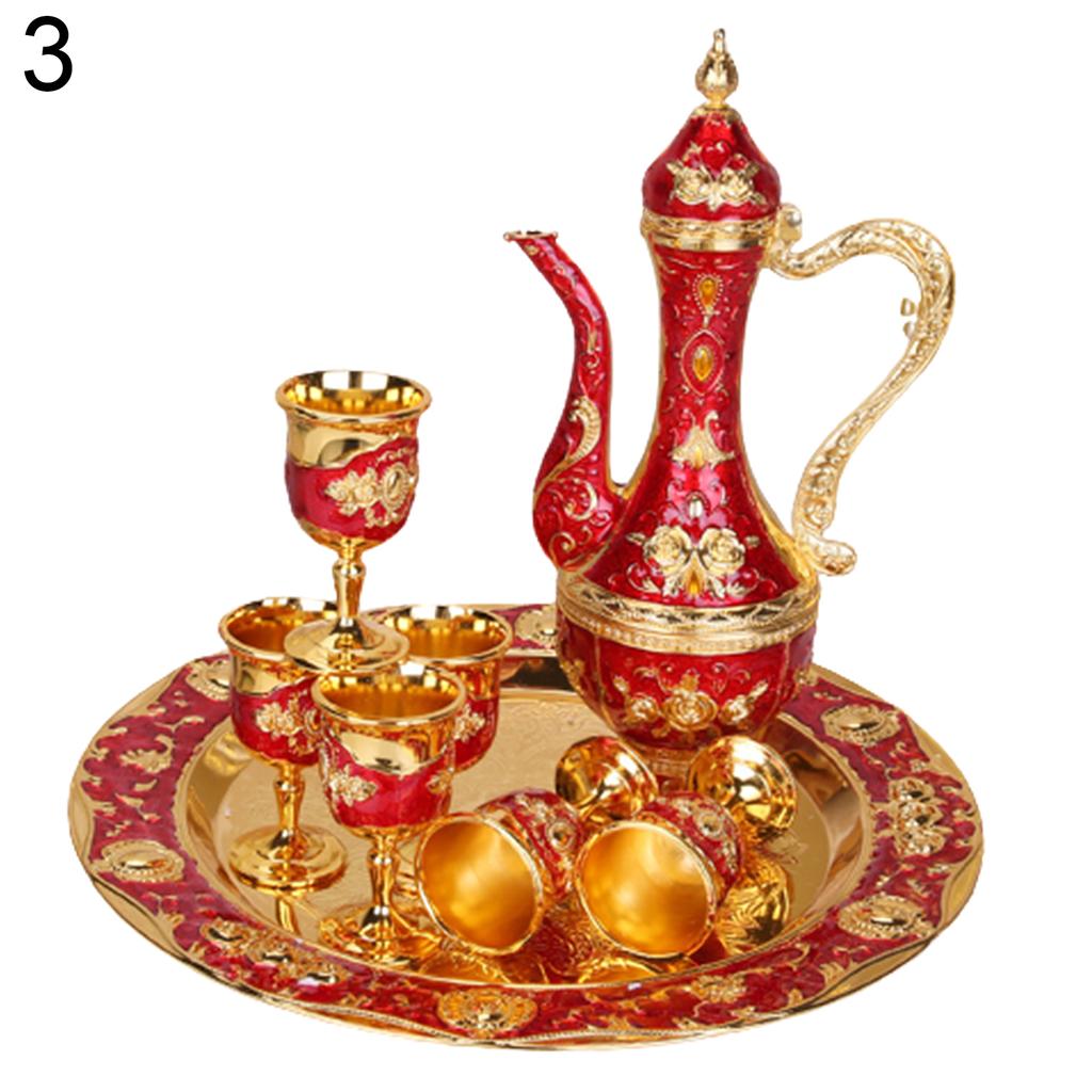 8Pcs/Set Retro Zinc Alloy Wine Cup Kettle Tray Kit Home Wedding Decor Container