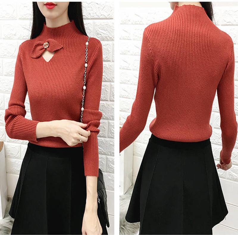 Women turtleneck sweater warm bow hollow Slim bottoming Knitted sweater pullover coat short Winter
